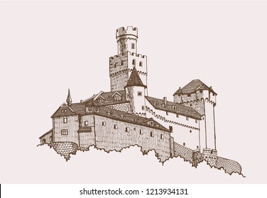 Graphical vintage Marksburg castle ,retro vector sketchy illustration,Germany