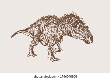 Graphical vintage Megalosaurus ,sepia background, vector illustration, lizard