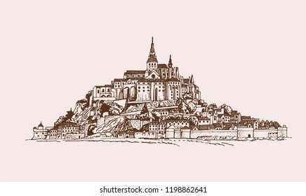 Graphical vintage Mont Saint -Michel medieval castle illustration , French sightseeing,vector