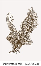 Graphical vintage owl flying, vector ,sepia