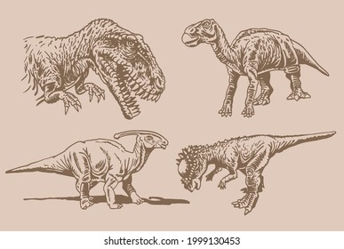 Graphical vintage  paleontological collection, hand-drawn dinosaurs  on sepia background