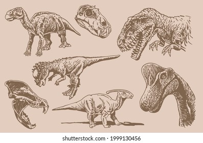 Graphical vintage  paleontological collection, hand-drawn dinosaurs  on sepia background