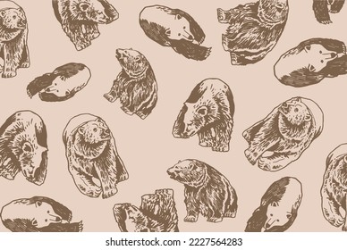 Patrón vintage gráfico con osos polares , fondo sepia, fondo de pared , cobertura de animales vectoriales