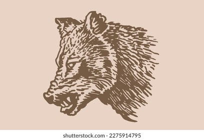 Graphical vintage portrait of angry wolf isolated on sepia background,vector illustration, forest animal