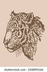 Graphical vintage  portrait of tiger ,sepia stripy skin design