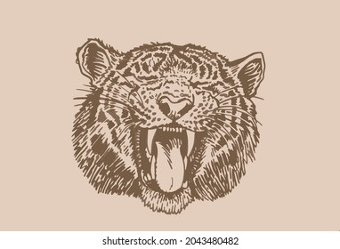 Graphical vintage portrait of tiger,sepia background,vector element