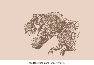 Graphical vintage portrait of tyrannosaurus, sepia background,vector illustration