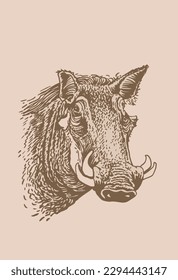 Graphical vintage portrait of  wild hog pig ,boar sepia illustration