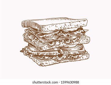 Graphical vintage sandwich , sepia background,vector fast food illustration