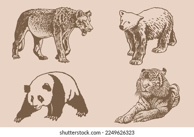 Graphical vintage set of animals on sepia background,vector  illustration. Zoology