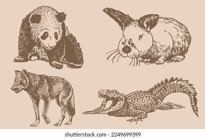Graphical vintage set of animals on sepia background,vector  illustration. Zoology