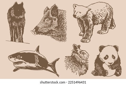 Graphical vintage set of animals on sepia background,vector  illustration. Zoology
