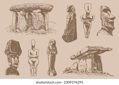 Graphical vintage  set of archeological artefacts , sightseeings . Vector dolmens, moai pharaoh ,holy mother and God ptah