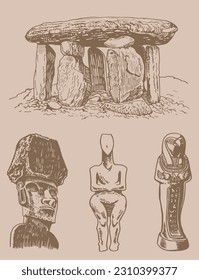 Graphical vintage set of archeological artefacts , sightseeings on sepia background. Vector dolmens, moai pharaoh ,holy mother and God ptah