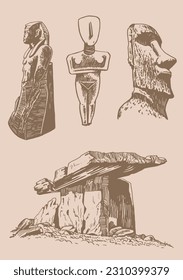 Graphical vintage set of archeological artefacts , sightseeings on sepia background. Vector dolmens, moai pharaoh ,holy mother and God ptah