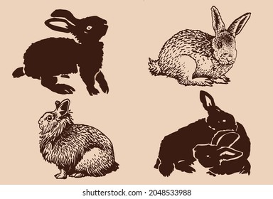 Graphical vintage set of bunnies , domestic animals for design,art and  typography 
