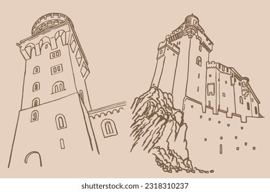 Graphical vintage set of castles from Germany on sepia background,vector sketchy illustration. Historical buildings