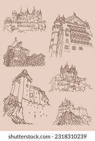 Graphical vintage set of castles from Germany on sepia background,vector sketchy illustration. Historical buildings