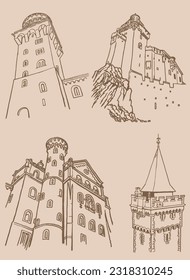 Graphical vintage set of castles from Germany on sepia background,vector sketchy illustration. Historical buildings
