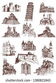 Graphical vintage set of  castles ,retro background,vector illustration