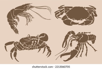 Graphical vintage set of crabs,shrimps and lobsters isolated ,sepia  background,vector engraved illustration, sea-food