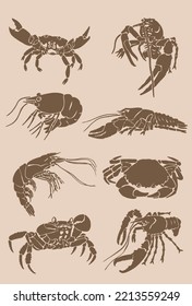 Graphical vintage set of crabs,shrimps and lobsters isolated ,sepia  background,vector engraved illustration, sea-food