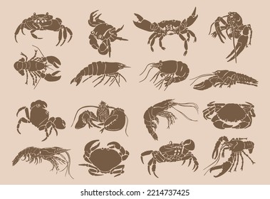 Graphical vintage set of crabs,shrimps and lobsters isolated ,sepia  background,vector engraved illustration, sea-food