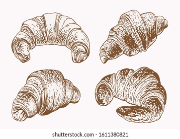 Graphical vintage set of croissants ,vector food illustration