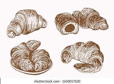 Graphical vintage set of croissants ,vector sepia illustration