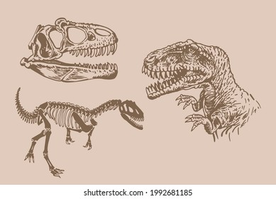 Graphical vintage set of dinosaur, sepia background, vector paleontological collection