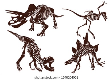 Graphical vintage set of dinosaur skeletons ,retro background,vector sketch