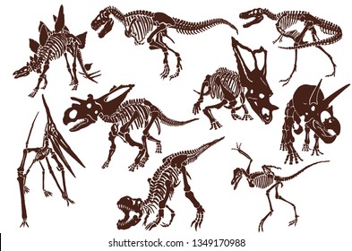 Graphical vintage set of dinosaur skeletons ,retro background,vector sketch