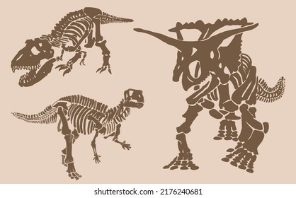 Graphical vintage set of dinosaur skeletons , sepia  background,vector sketch, fossils