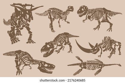 Graphical vintage set of dinosaur skeletons , sepia  background,vector sketch, fossils