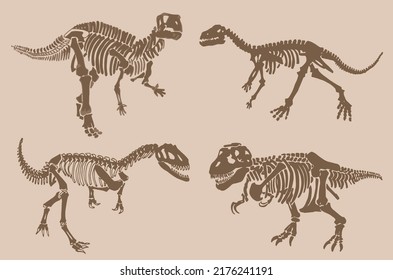 Graphical vintage set of dinosaur skeletons , sepia  background,vector sketch, fossils