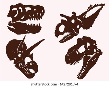 Graphical vintage set of dinosaur skulls , vector tattoo illustration
