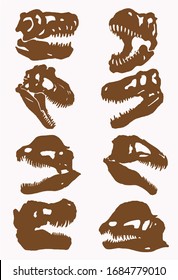 Graphical vintage set of dinosaur skulls, vector sepia illustration