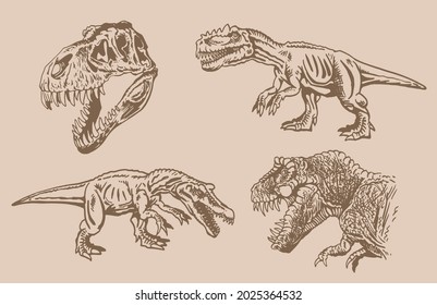 Graphical vintage set of dinosaurs , hand-drawn raptor and tyrannosaurus