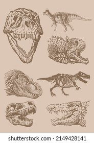Graphical vintage set of dinosaurs heads, sepia background,vector illustration 