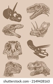 Graphical vintage set of dinosaurs heads, sepia background,vector illustration 