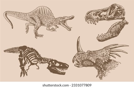 Graphical vintage set of dinosaurs on sepia background,vector illustration,tattoo  designs.