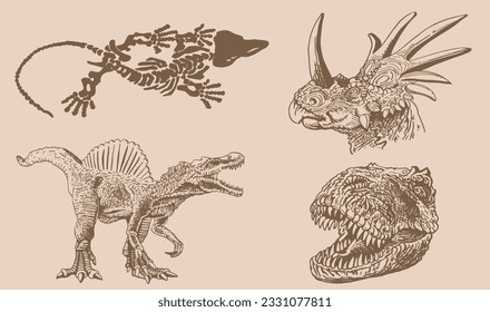 Graphical vintage set of dinosaurs on sepia background,vector illustration,tattoo  designs.