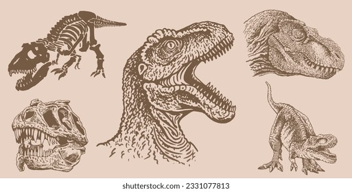Graphical vintage set of dinosaurs on sepia background,vector illustration,tattoo  designs.