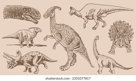 Graphical vintage set of dinosaurs on sepia background,vector illustration,tattoo  designs.