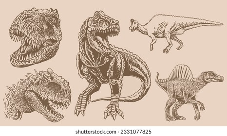 Graphical vintage set of dinosaurs on sepia background,vector illustration,tattoo  designs.