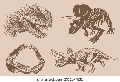 Graphical vintage set of dinosaurs on sepia background,vector illustration,tattoo  designs.