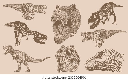 Graphical vintage set of dinosaurs on sepia  background,vector tyrannosaurus,tattoo