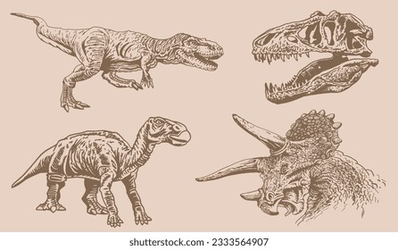 Graphical vintage set of dinosaurs on sepia background,vector illustration,tattoo  designs.