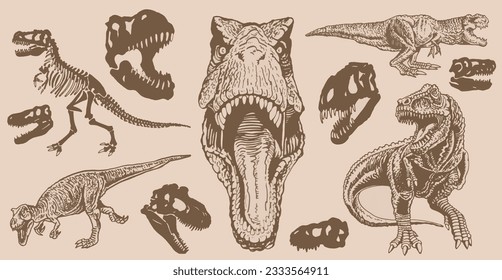Graphical vintage set of dinosaurs on sepia  background,vector tyrannosaurus,tattoo