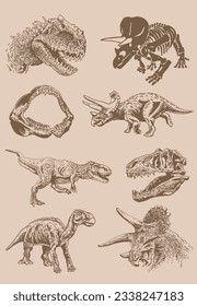 Graphical vintage set of dinosaurs on sepia background,vector illustration,tattoo designs.